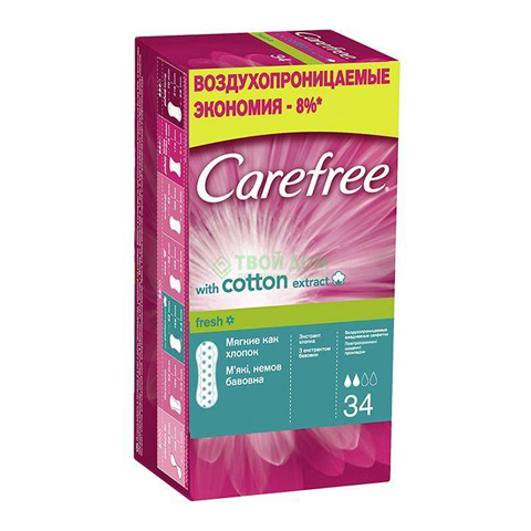 Carefree with Cotton Extract Fresh Прокладки ежедневные воздухопроницаемые со свежим ароматом N34 (Упаковка 34 шт.): фото, цены, описание товара, отзывы и наличие в Москве и Санкт-Петербурге